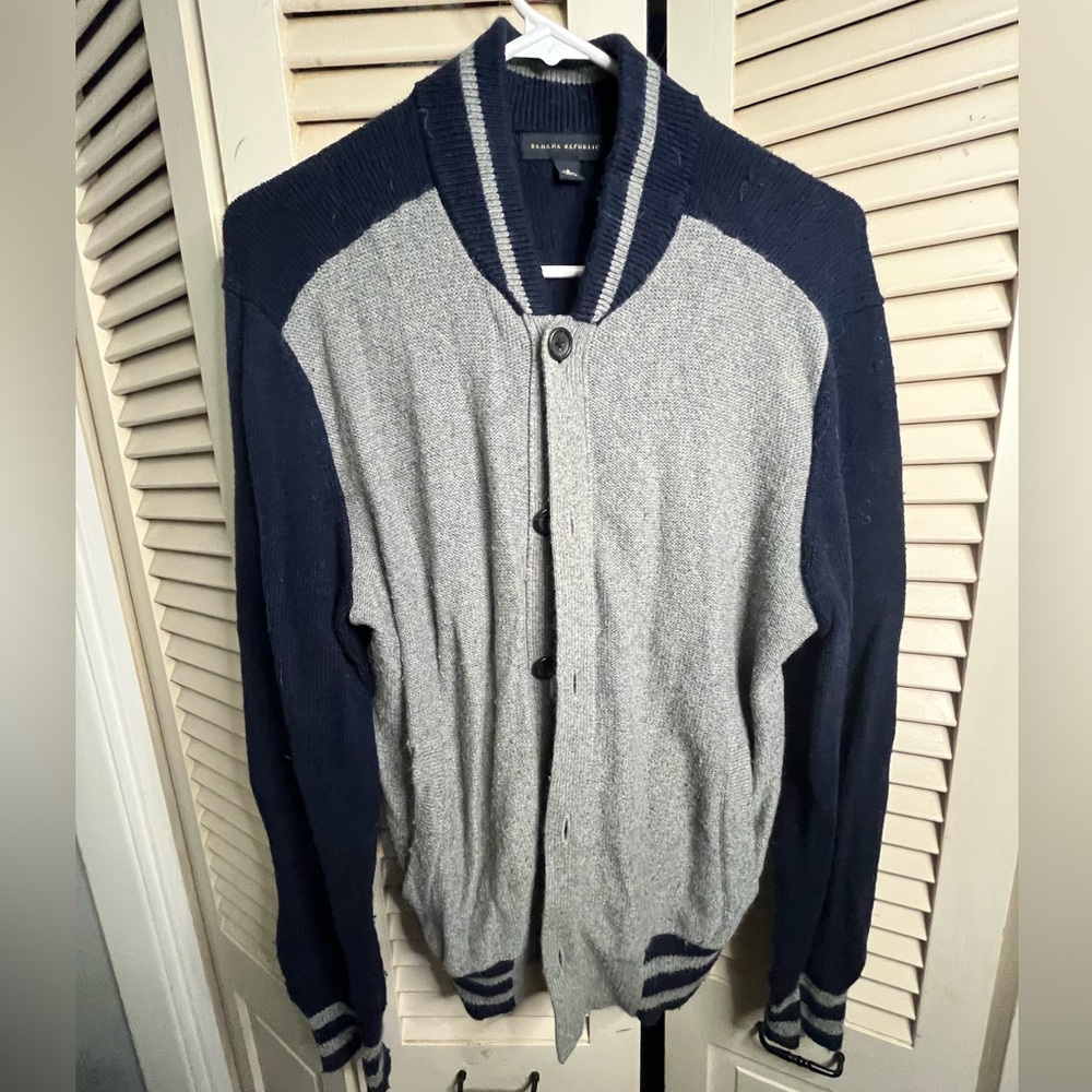 Banana Republic Men's LG Varsity Jacket Sweater Cardigan Navy Blue Heather Gray